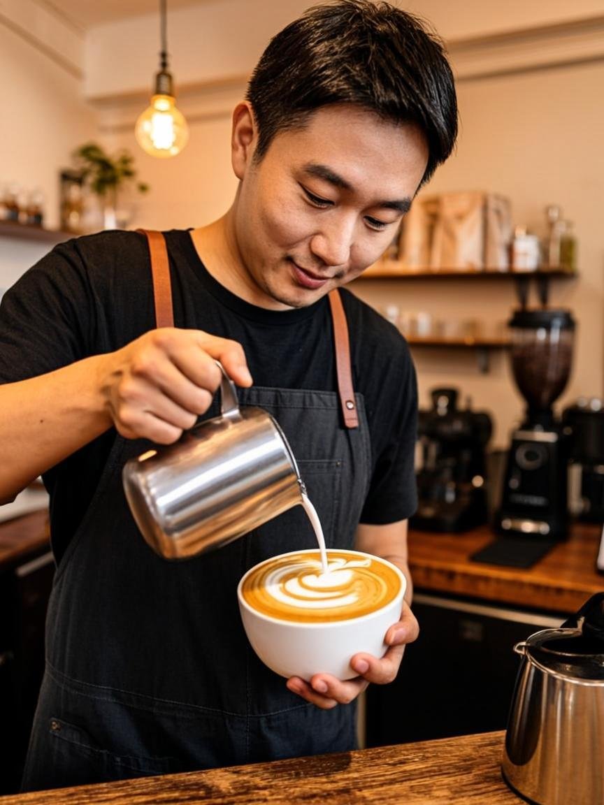 Barista crafting latte art